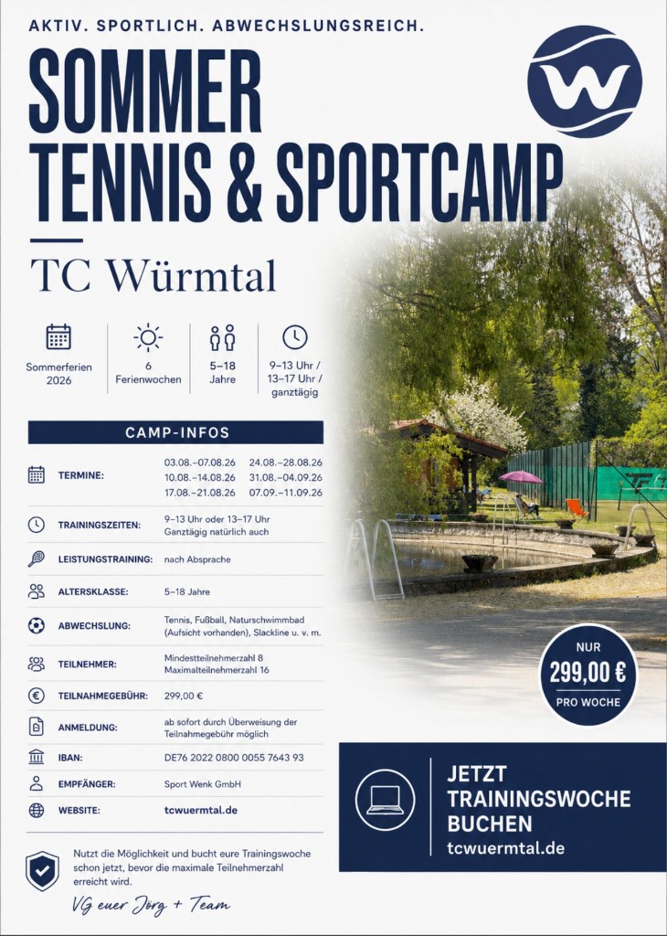 Sommer Tennis & Sportcamp 2026 beim TC Würmtal – 6 Ferienwochen für Kinder und Jugendliche